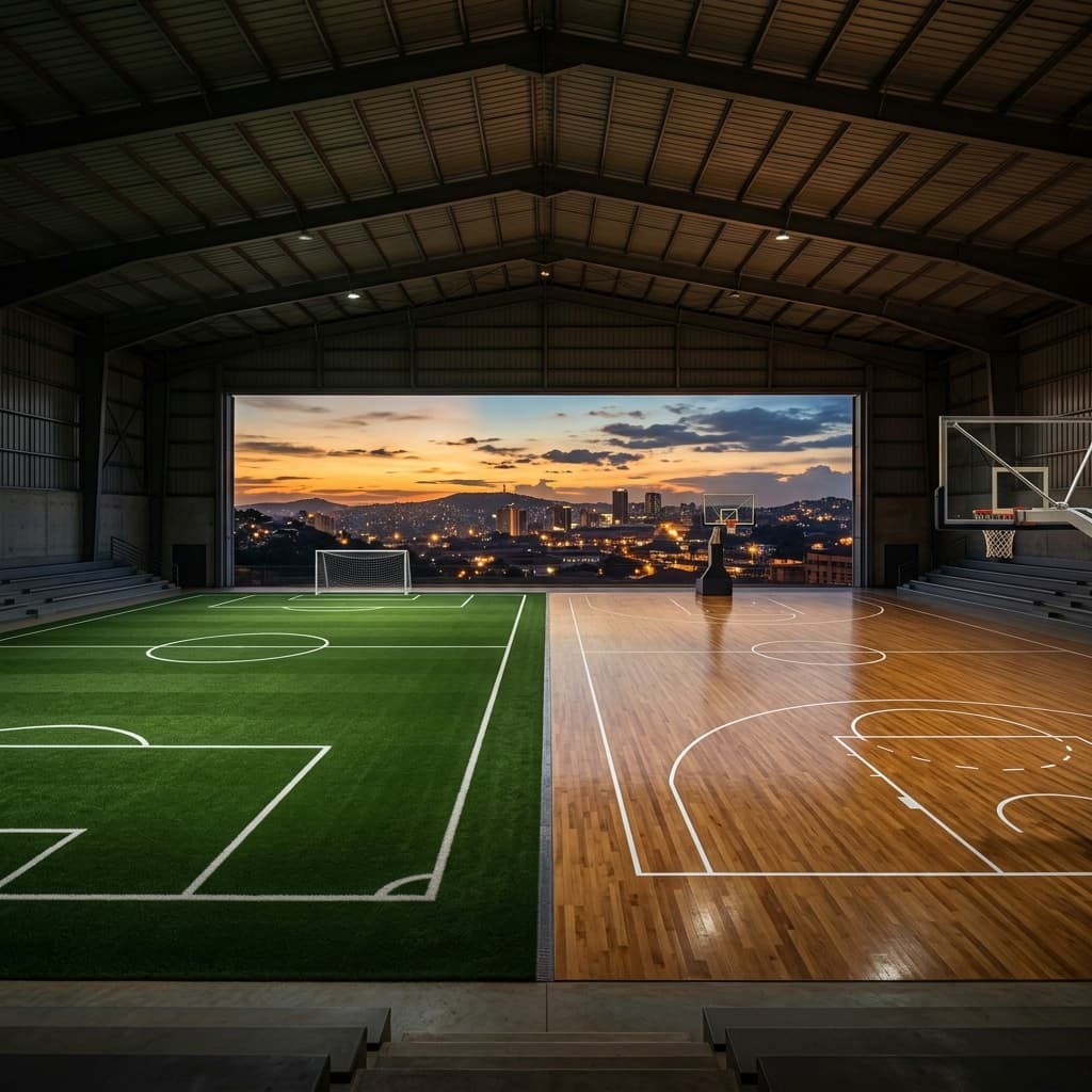 Soccer and basketball action at a vibrant sports complex